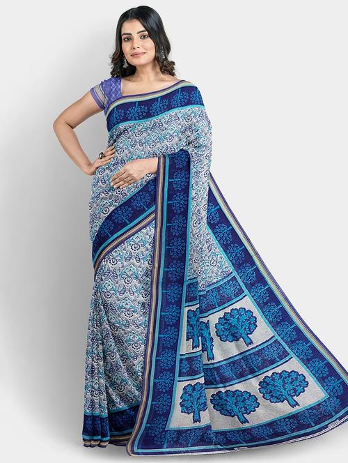light blue colored printed saree with blouse - 20333083 - Very Small Image - 1