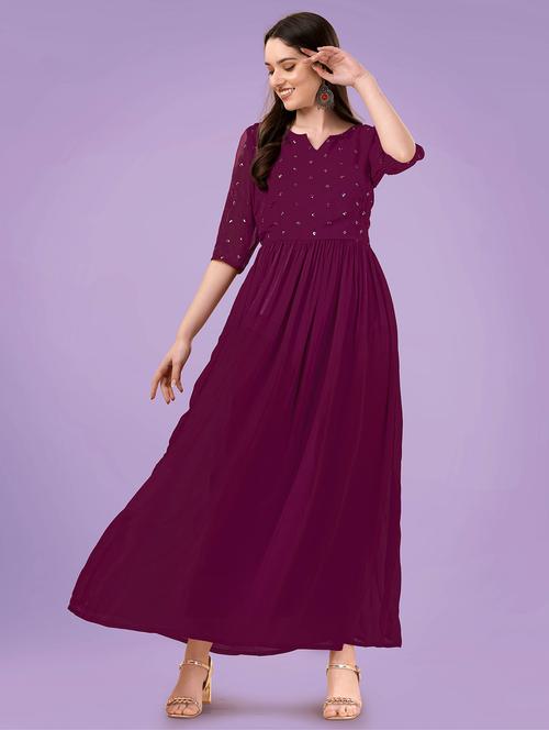 women purple notch neck stitched gown - 20334358 - Very Small Image - 1