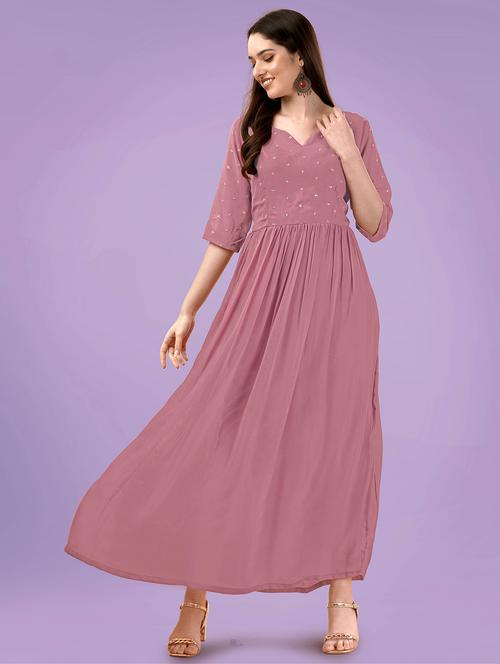 women mauve notch neck stitched gown - 20334360 - Very Small Image - 1