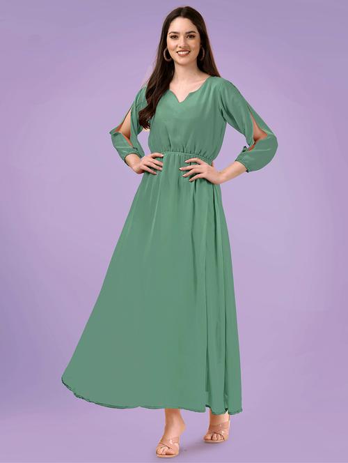 women green notch neck stitched gown - 20334363 - Very Small Image - 1