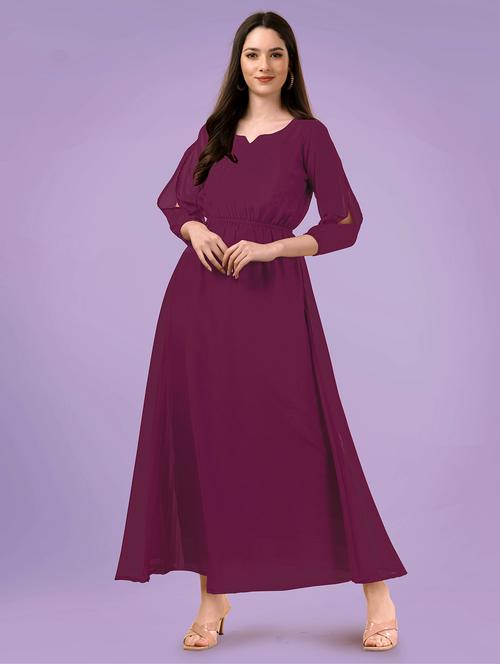 women purple notch neck stitched gown - 20334376 - Very Small Image - 1