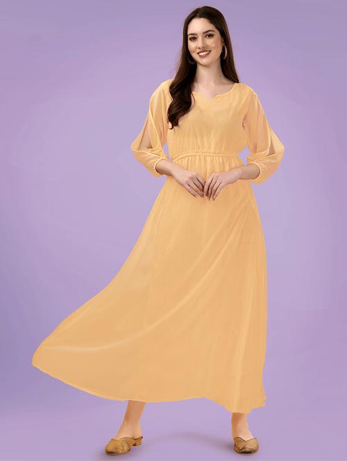 women beige notch neck stitched gown - 20334377 - Very Small Image - 1