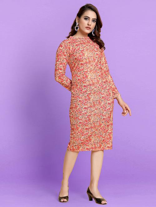 peach floral print mock neck sheath dress - 20334671 - Very Small Image - 1