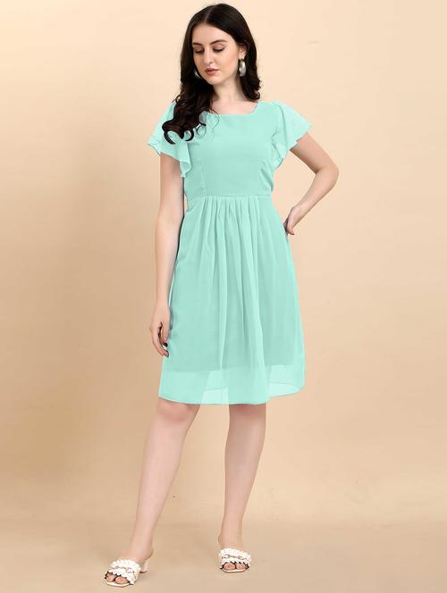 light blue solid flute sleeves a-line dress - 20334800 - Very Small Image - 1