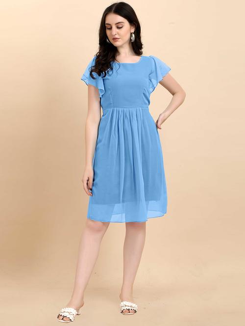 light blue solid flute sleeves a-line dress - 20334803 - Very Small Image - 1