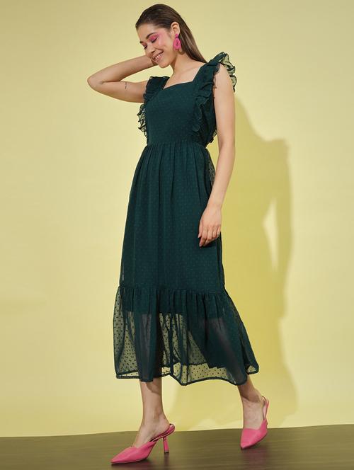 bottle green self design fit & flare dress - 20334848 - Very Small Image - 1