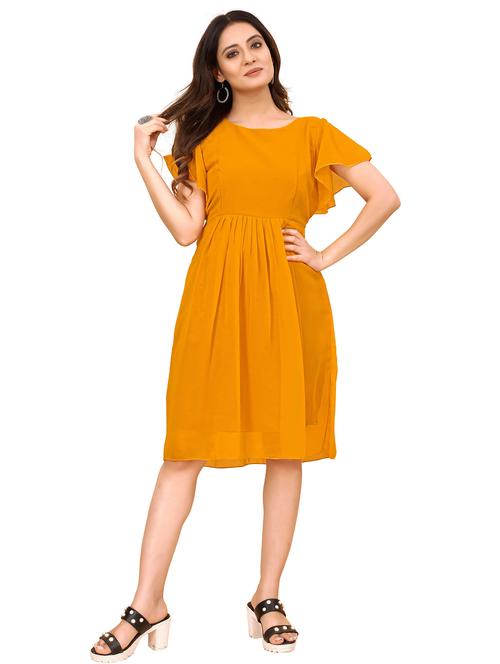 yellow solid flute sleeves a-line dress - 20334858 - Very Small Image - 1