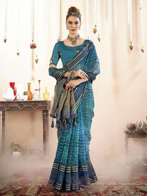 blue colored printed saree with blouse - 20334924 - Very Small Image - 1