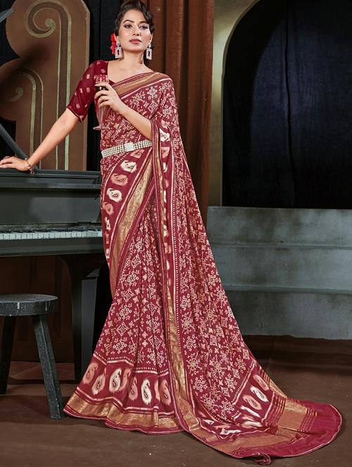 maroon colored printed saree with blouse - 20334952 - Very Small Image - 1
