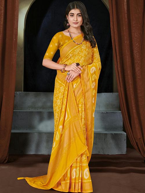 mustard colored printed saree with blouse - 20334954 - Very Small Image - 1