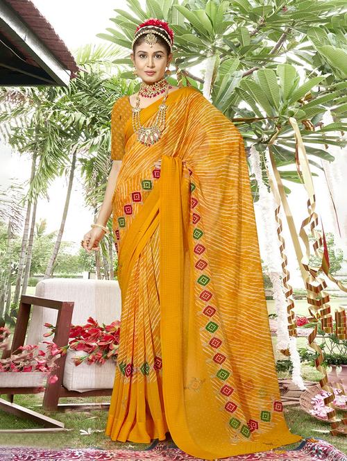 orange colored printed saree with blouse - 20334987 - Very Small Image - 1