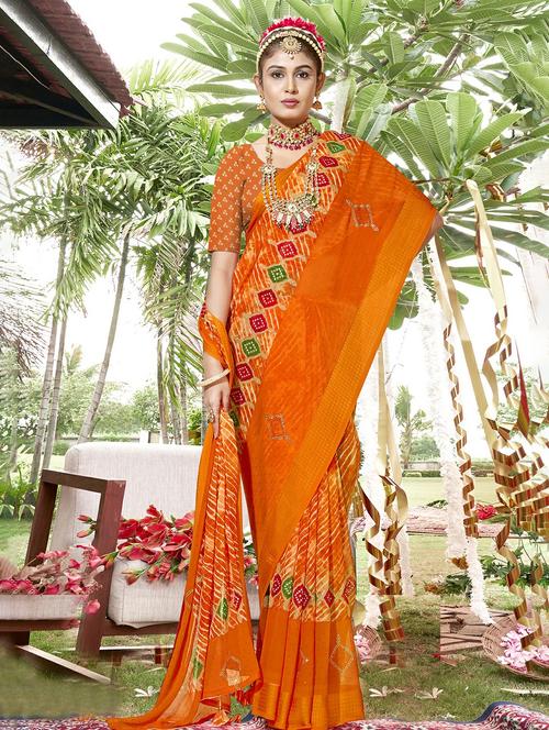 orange colored printed saree - 20334991 - Very Small Image - 1