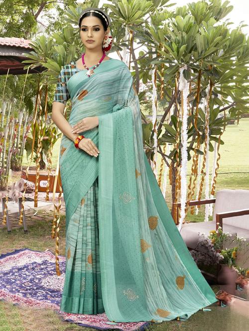 sea green colored printed saree with blouse - 20335010 - Very Small Image - 1
