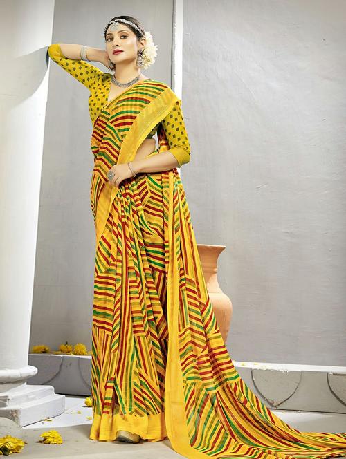 yellow colored printed saree with blouse - 20335019 - Very Small Image - 1