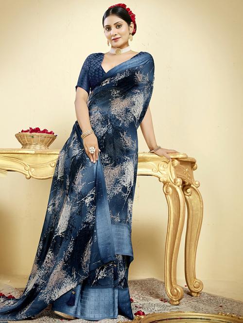 women's abstract blue colored saree with blouse - 20335025 - Very Small Image - 1