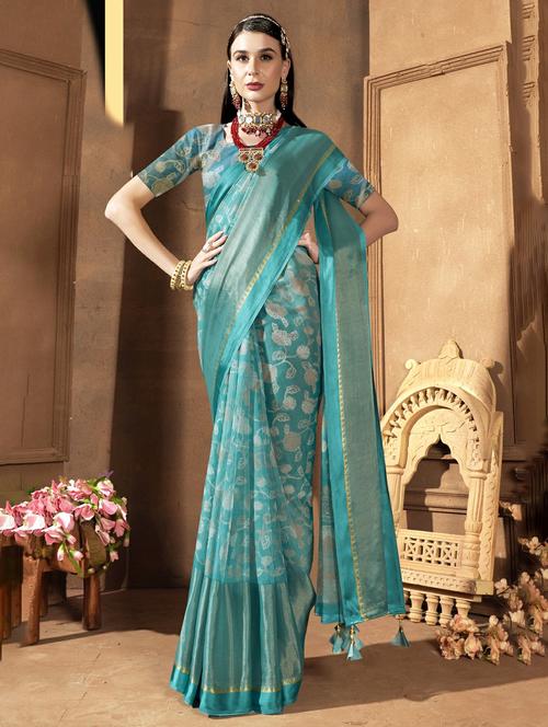 turquoise colored printed saree with blouse - 20335038 - Very Small Image - 1