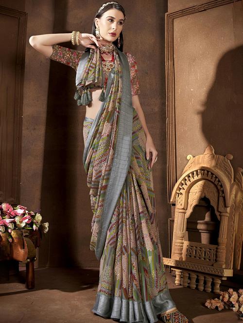 green colored printed saree - 20335052 - Very Small Image - 1