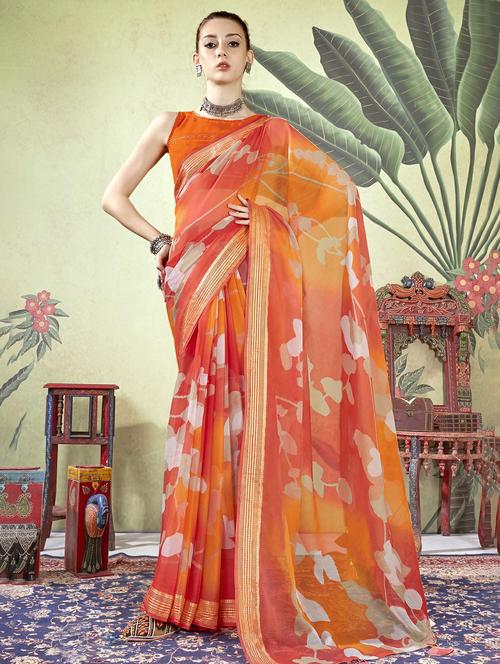 orange colored printed saree - 20335060 - Very Small Image - 1