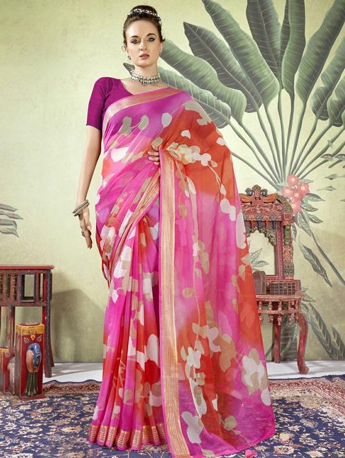 pink colored printed saree with blouse - 20335061 - Very Small Image - 1