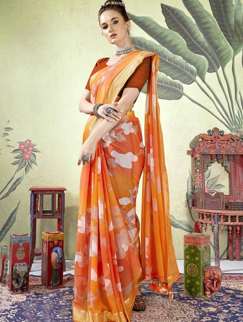 orange colored printed saree with blouse - 20335062 - Very Small Image - 1
