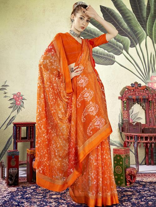 orange colored printed saree with blouse - 20335086 - Very Small Image - 1