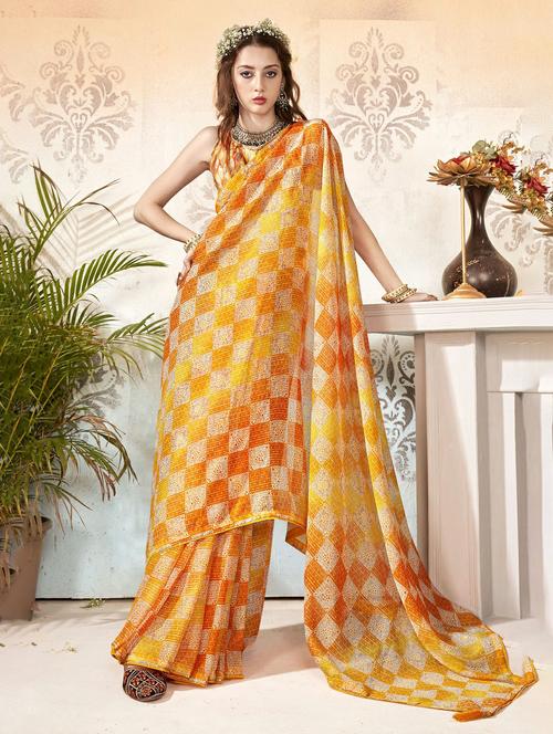 orange colored printed saree with blouse - 20335096 - Very Small Image - 1