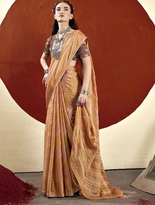 orange colored printed saree with blouse - 20335101 - Very Small Image - 1
