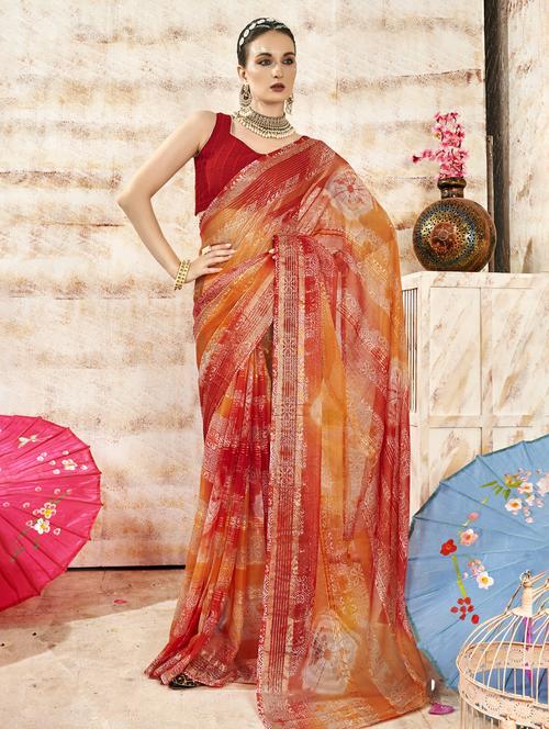 orange colored printed saree - 20335107 - Very Small Image - 1