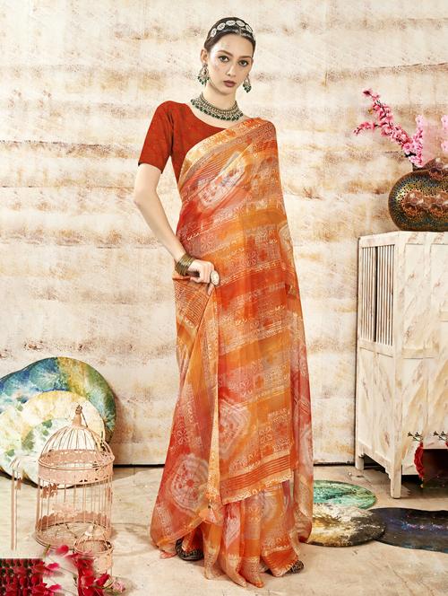 orange colored printed saree with blouse - 20335109 - Very Small Image - 1