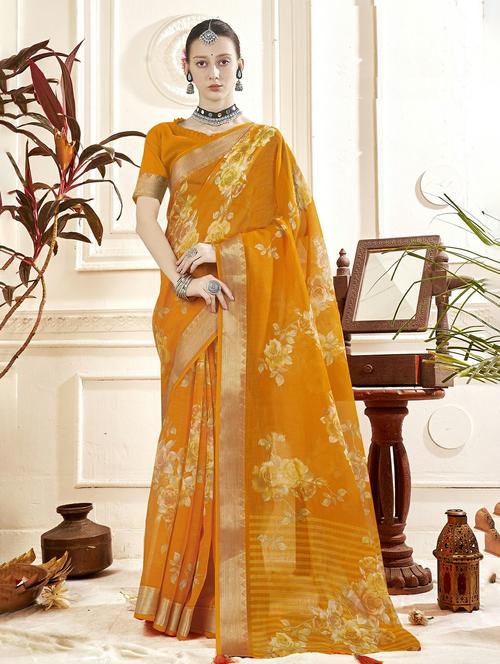orange colored printed saree - 20335131 - Very Small Image - 1