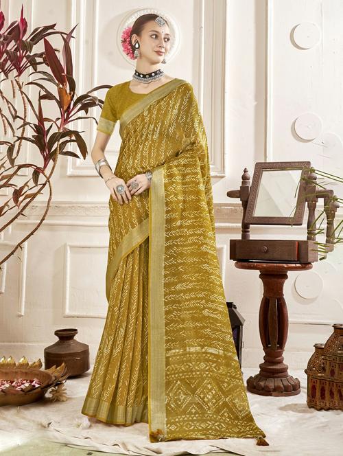 olive colored printed saree with blouse - 20335136 - Very Small Image - 1