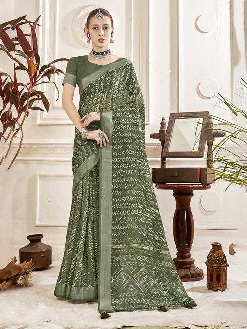 olive colored printed saree with blouse - 20335138 - Very Small Image - 1