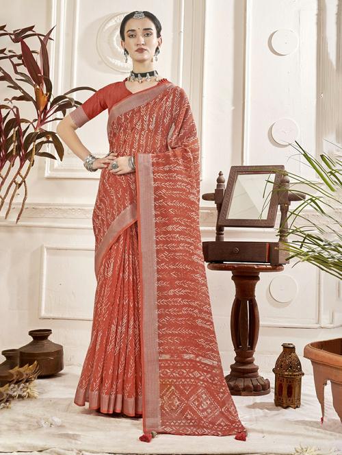 orange colored printed saree - 20335139 - Very Small Image - 1