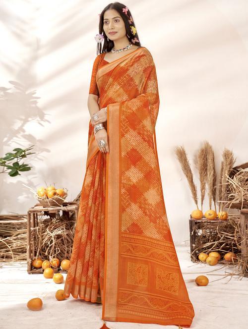 orange colored printed saree with blouse - 20335151 - Very Small Image - 1