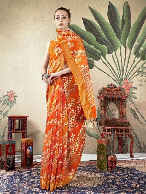 orange colored printed saree with blouse - 20335159 - Very Small Image - 1