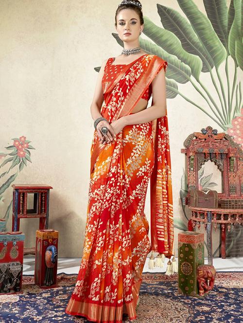 orange colored printed saree with blouse - 20335161 - Very Small Image - 1