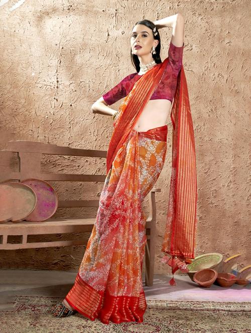 orange colored printed saree with blouse - 20335167 - Very Small Image - 1