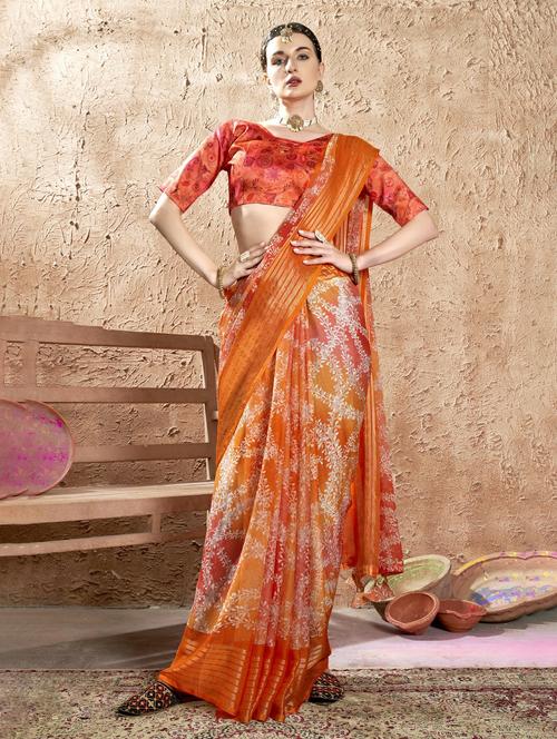 orange colored printed saree with blouse - 20335170 - Very Small Image - 1