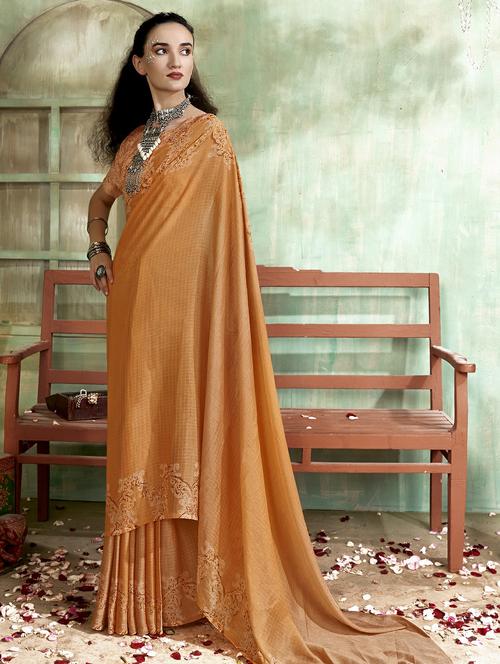 orange colored printed saree with blouse - 20335172 - Very Small Image - 1