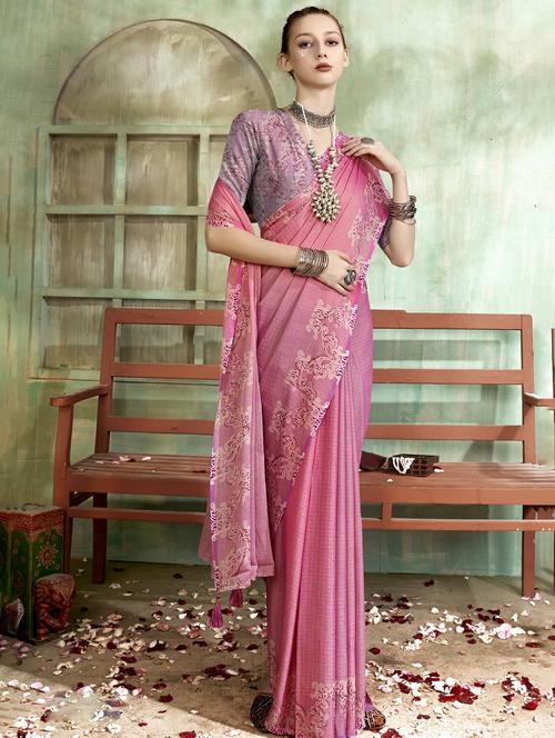 rosewater colored printed saree with blouse - 20335173 - Very Small Image - 1