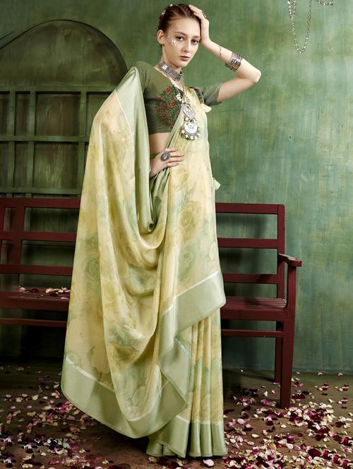 green colored printed saree with blouse - 20335181 - Very Small Image - 1