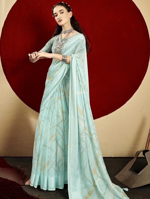 light blue colored printed saree with blouse - 20335185 - Very Small Image - 1