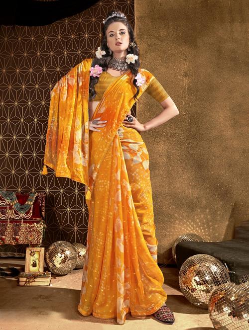 orange colored printed saree with blouse - 20335191 - Very Small Image - 1
