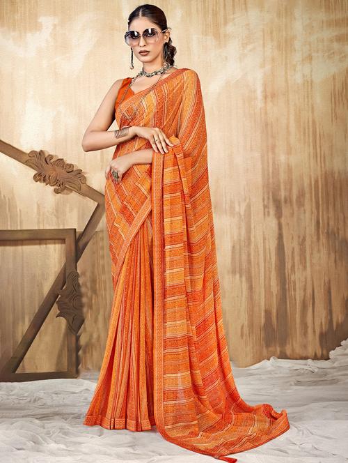 orange colored printed saree with blouse - 20335197 - Very Small Image - 1