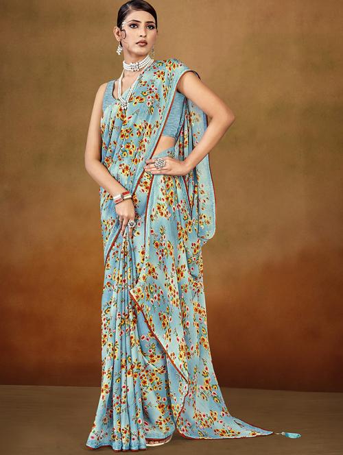 light blue colored printed saree with blouse - 20335210 - Very Small Image - 1