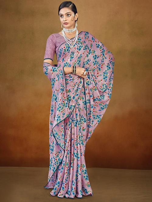 purple colored printed saree with blouse - 20335211 - Very Small Image - 1