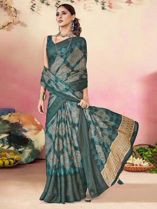 teal colored printed saree - 20335216 - Very Small Image - 1