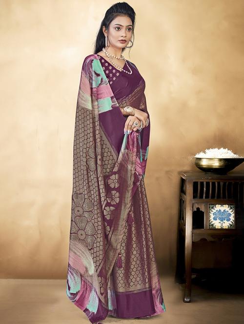 purple colored printed saree with blouse - 20335231 - Very Small Image - 1