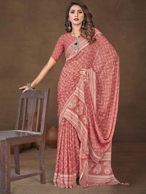 peach colored printed saree with blouse - 20335247 - Very Small Image - 1