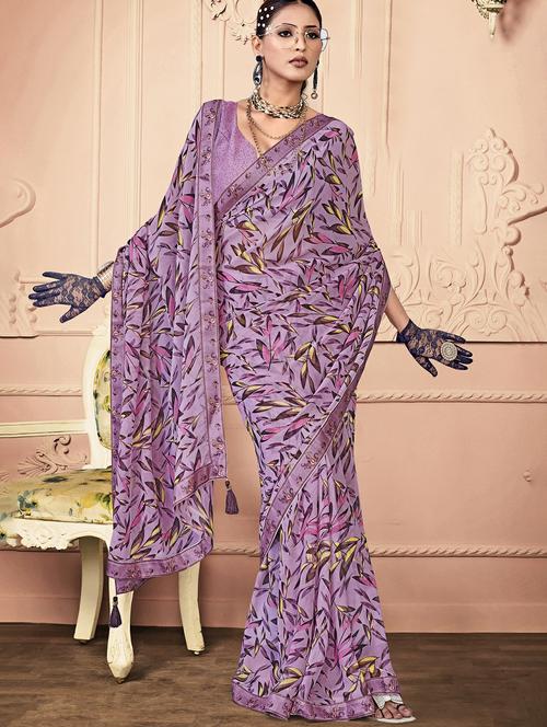lavender colored printed saree with blouse - 20335260 - Very Small Image - 1